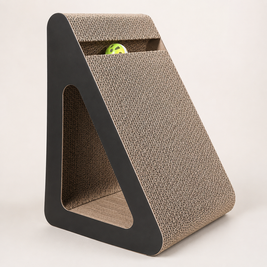 Griffoir incliné pour chat ScatChed ChoupiZoo avec structure triangulaire noire, carton ondulé et balle intégrée.
