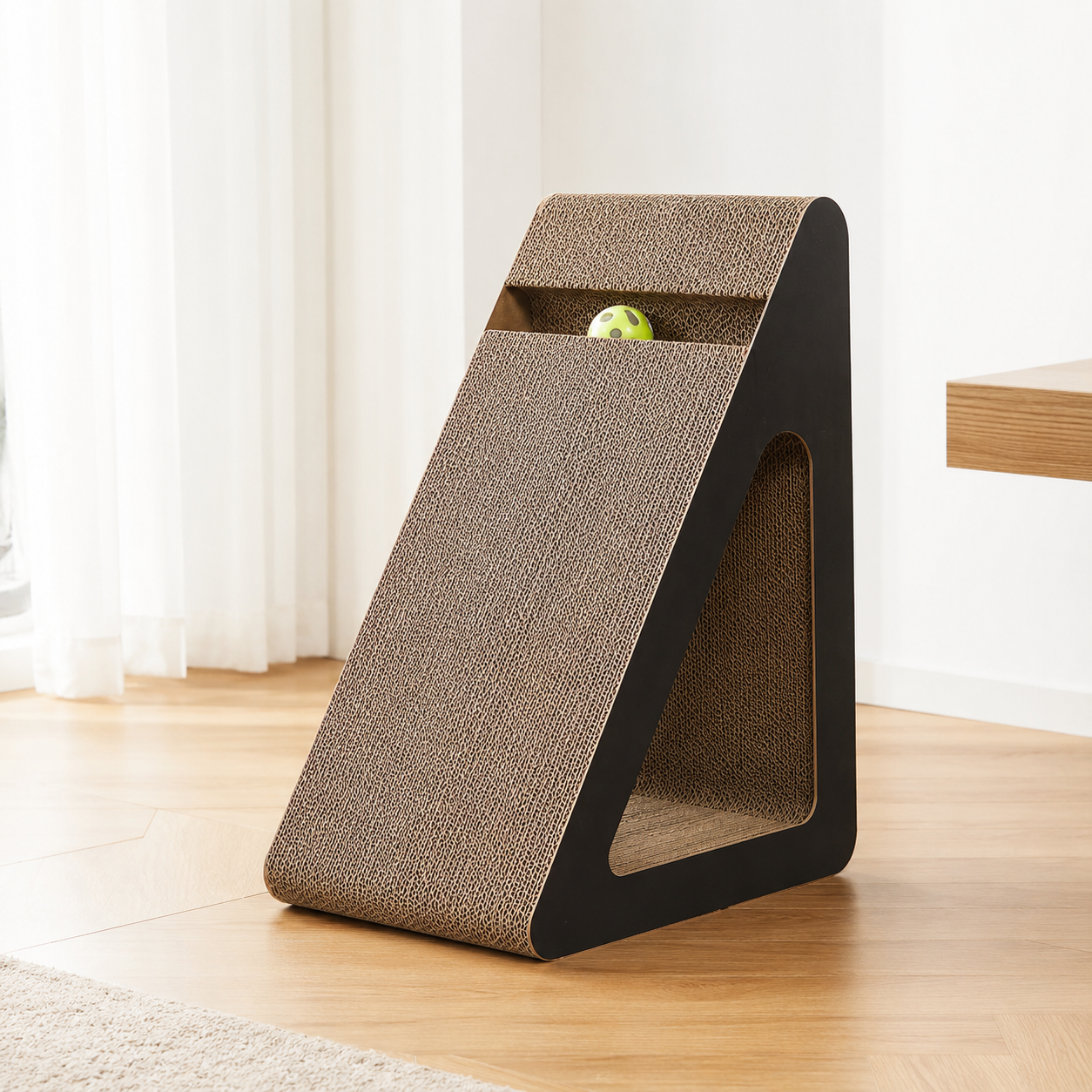 Griffoir incliné ScatChed pour chat présenté dans un intérieur minimaliste lumineux.