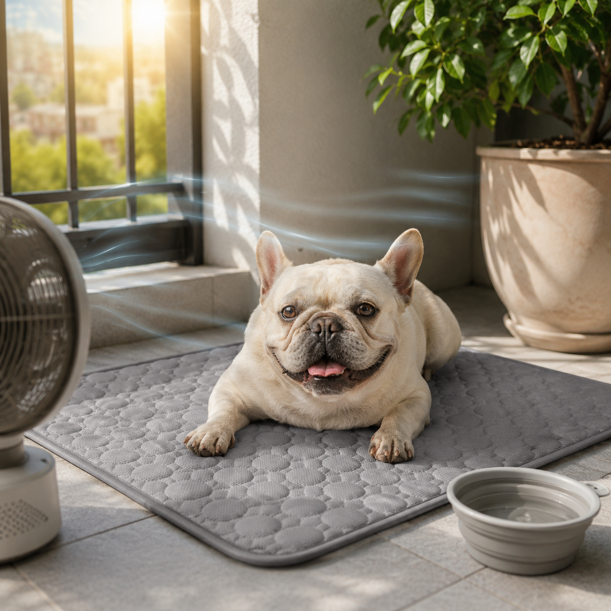 Bouledogue français détendu sur un tapis rafraîchissant gris ChoupiZoo près d’un ventilateur et d’un bol d’eau.