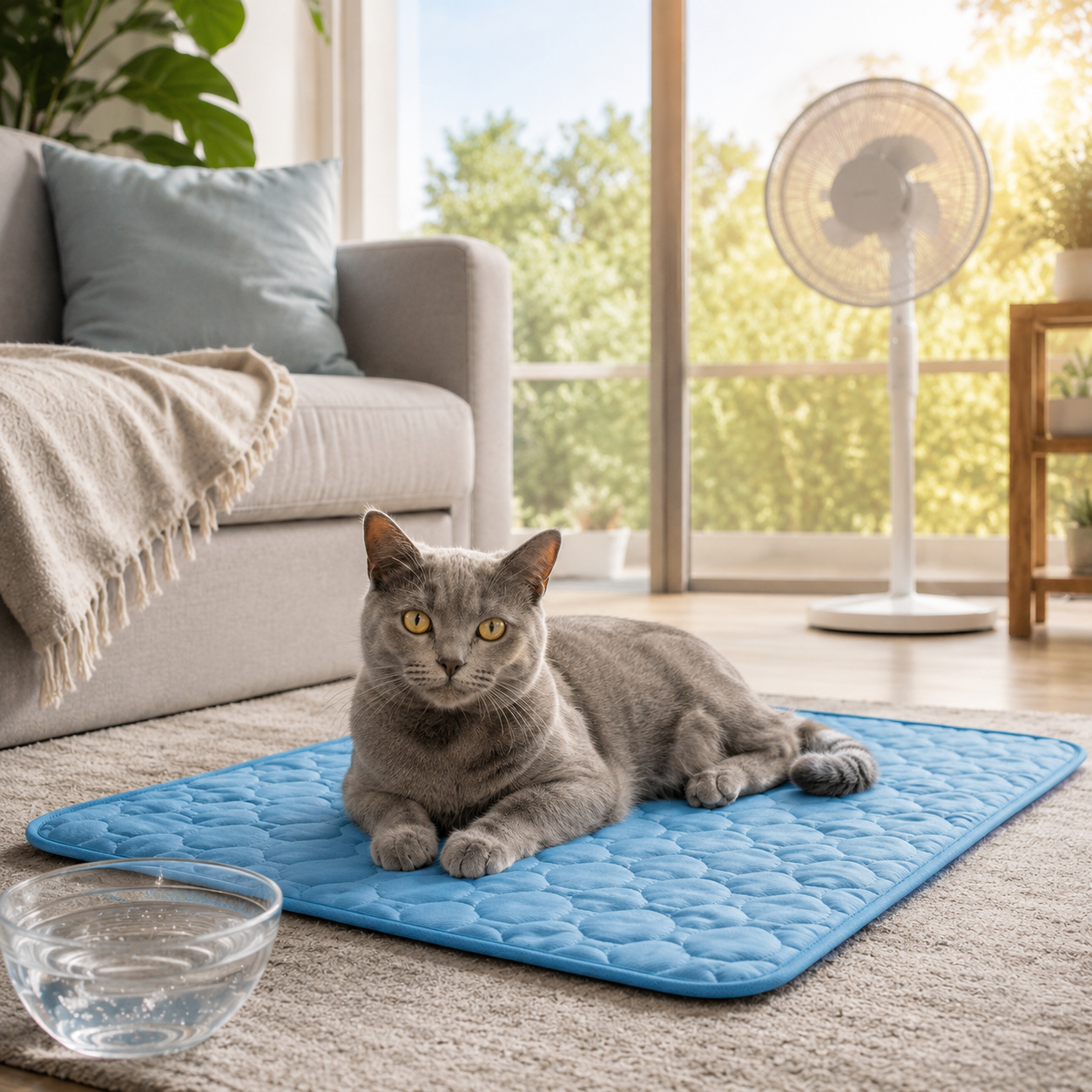 Chat gris allongé sur un tapis rafraîchissant bleu ChoupiZoo avec ventilateur et bol d’eau en période de canicule.