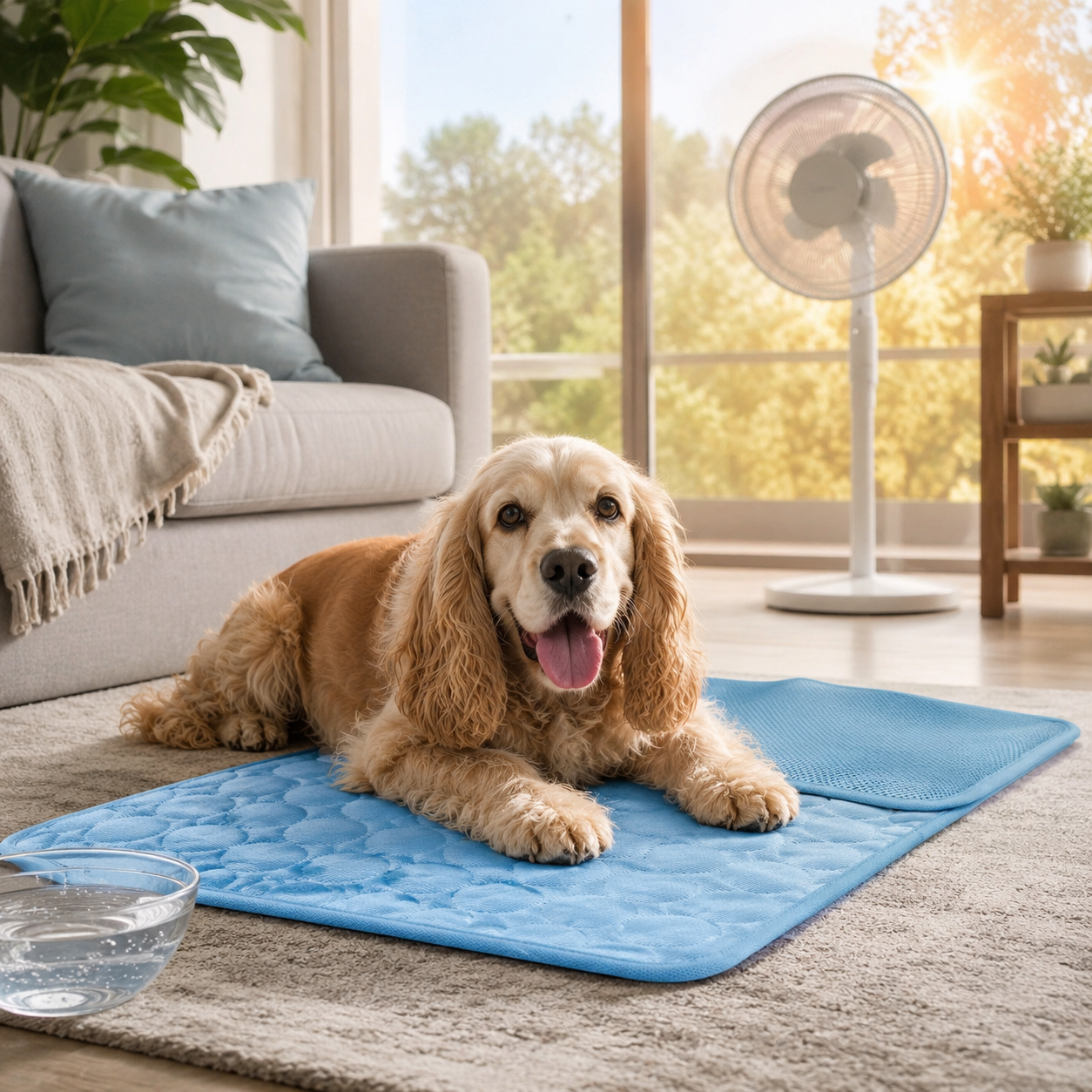 Chien détendu sur un tapis rafraîchissant bleu ChoupiZoo dans un salon lumineux pendant une journée de forte chaleur.