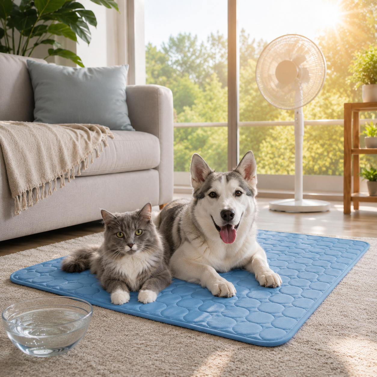Chien et chat installés sur un tapis rafraîchissant bleu ChoupiZoo dans un salon pendant les fortes chaleurs.