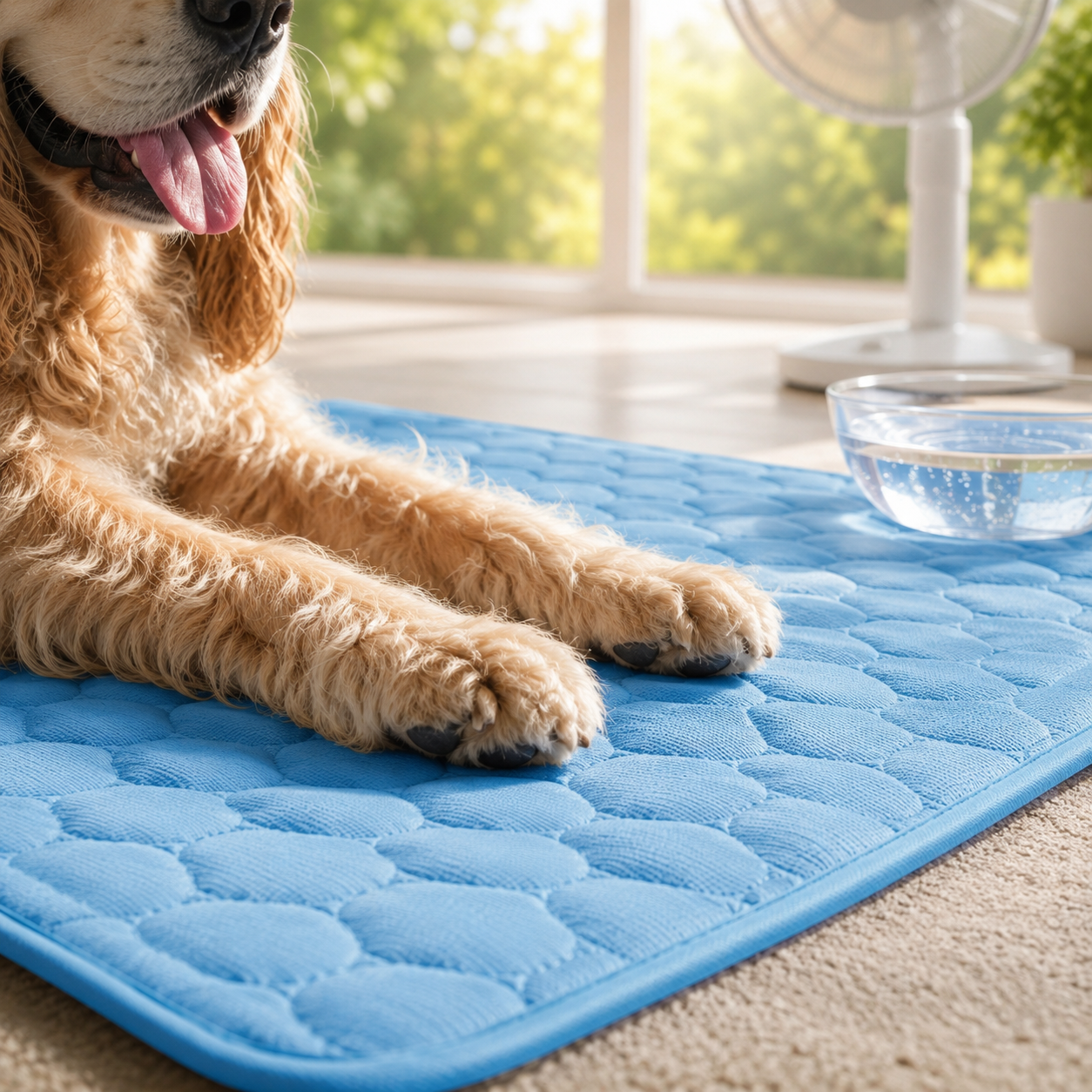Chien allongé sur un tapis rafraîchissant gris ChoupiZoo avec ventilateur, eau fraîche et lumière d’été.